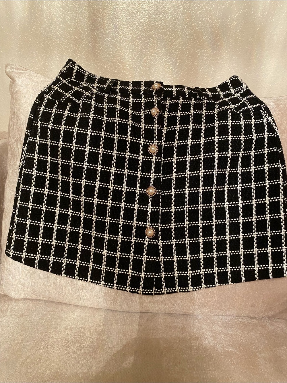 SHEIN Black & White Windowpane Button-Front Mini Skirt